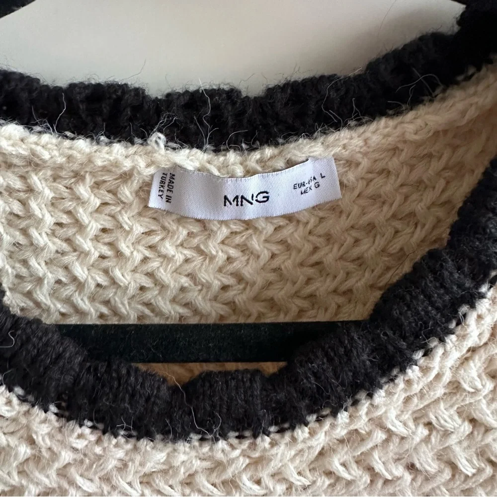 Mango Black & Cream Knit Sweater With Ruffled Open Work Details